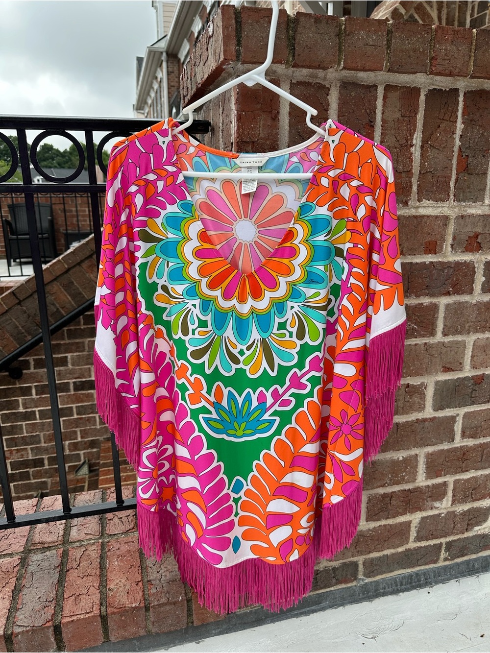 Trina Turk Multicolor Floral V-Neck Tunic with Fringe Trim